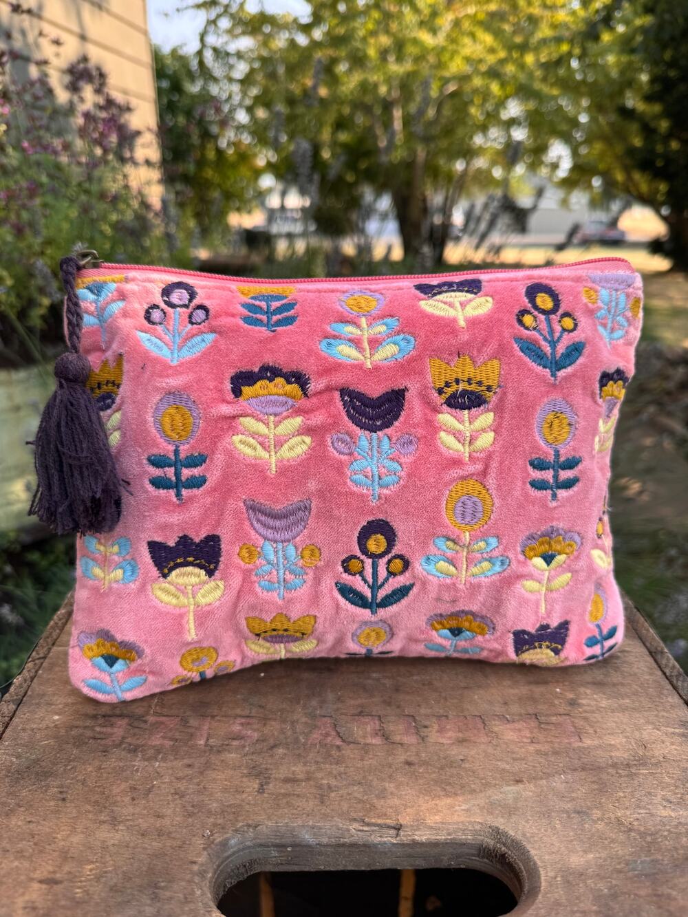Pink Velvet Tulip Flower Bag 10 x 7 Pouch Pink Makeup Travel Bag